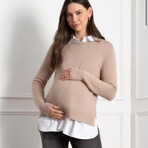Seraphine maternity sweater with white nursing friendly collared shirt.